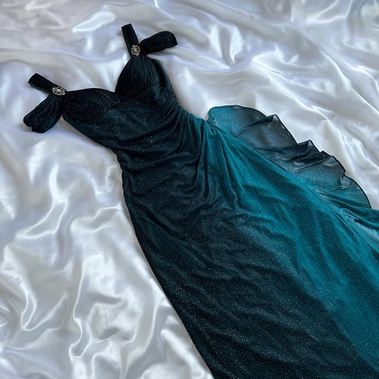 Teal Fashion Glänzendes, Farbverlauf-Trägerkleid, lang, elegant, Chiffon, Rüschen, formelles Ballkleid, Abendkleid, Partykleid gh3505