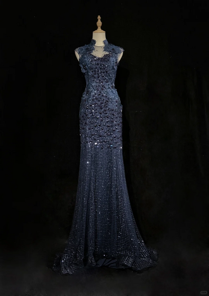 High Neck Navy Blue Mermaid Evening Gown Sleeveless Mesh 3D Floral Lace Sequined Formal Dress for Prom gh9537