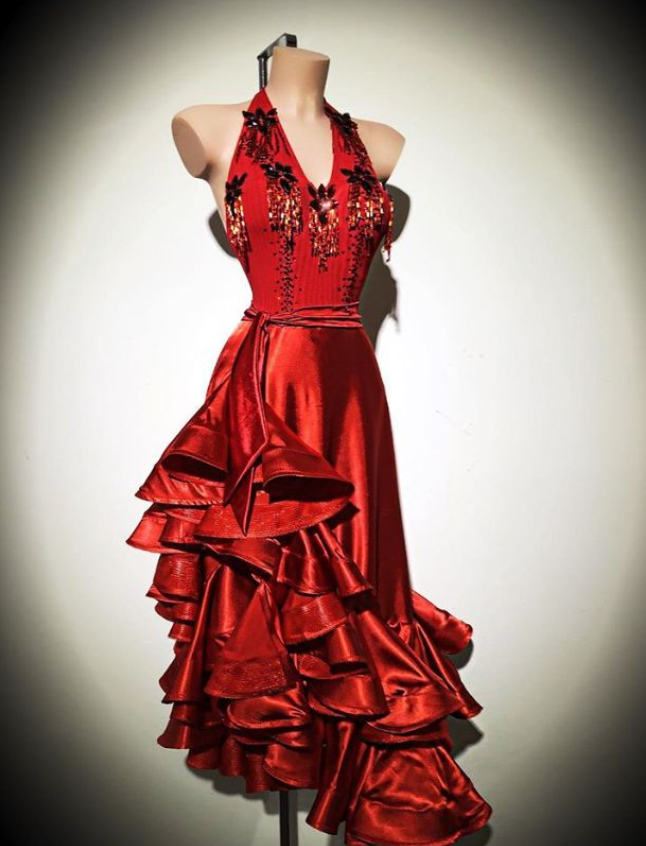 ✨Girlhomeshops-Red Halter Satin Latin Competition Dress With Beaded Fringe gh10179