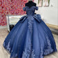 Marineblaues, wunderschönes, exquisites, langes Ballkleid aus Tüll mit Spitzenapplikationen, Abendkleid für Erwachsene, Zeremoniekleid gh3346