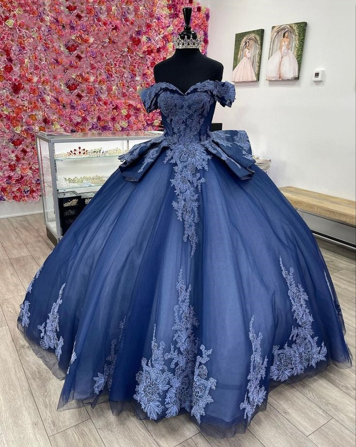Marineblaues, wunderschönes, exquisites, langes Ballkleid aus Tüll mit Spitzenapplikationen, Abendkleid für Erwachsene, Zeremoniekleid gh3346