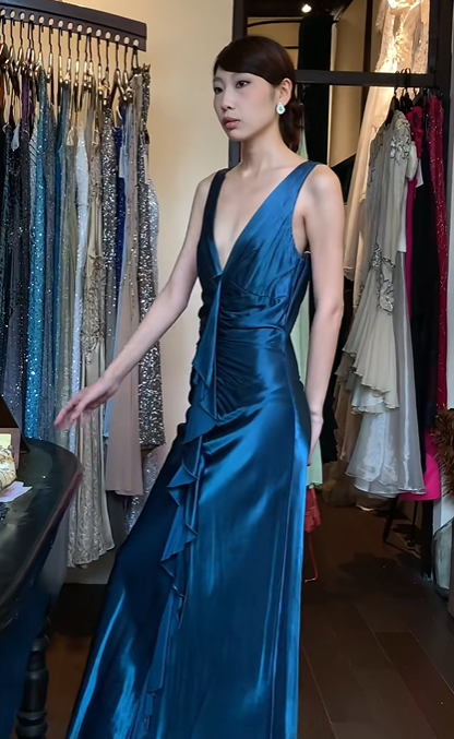 Sleeveless Peacock Blue Satin Evening Gown Deep V Front Ruched Ruffle Long Prom Dress gh9706