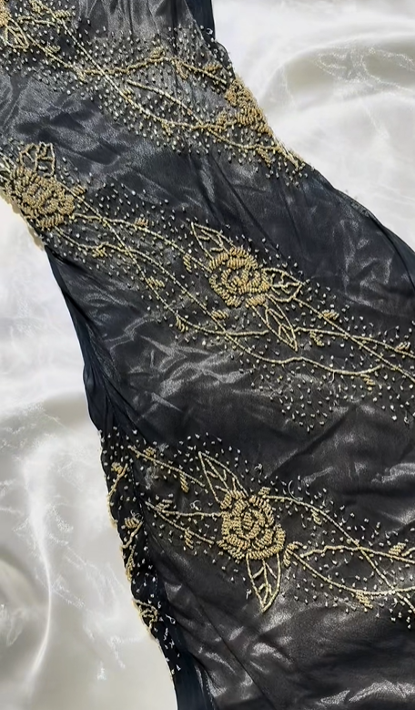 Vintage Long Prom & Evening Party Dress, Black Base Spaghetti Straps, Gold Beaded Details, Fitted Waist Slim Silhouette gh8585
