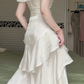 White Off‑the‑Shoulder Evening Gown, Twist Bodice Asymmetrical Ruffle Tiered Maxi Formal Prom Dress gh9021