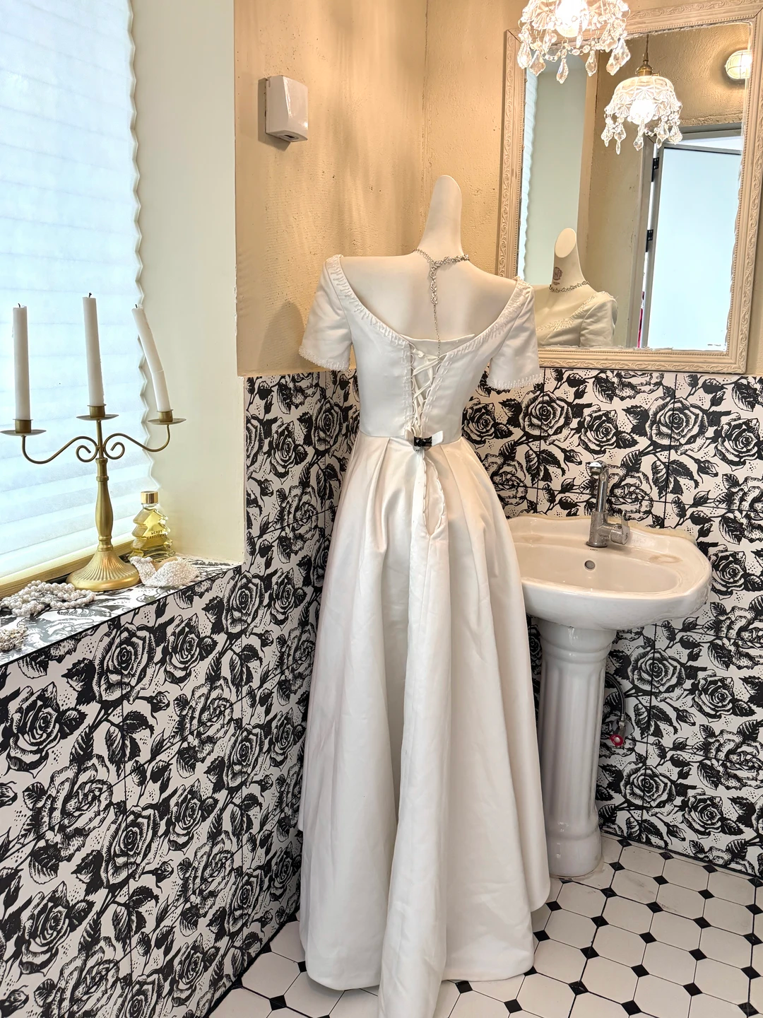 White Satin High Waist Fitted Slimming Full Flared Skirt Romantic Dress, Wedding Gown gh7601