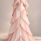 ✨Girlhomeshops-Off Shoulder Pink White Ombre Tiered Ruffle Corset Prom Gown gh10205