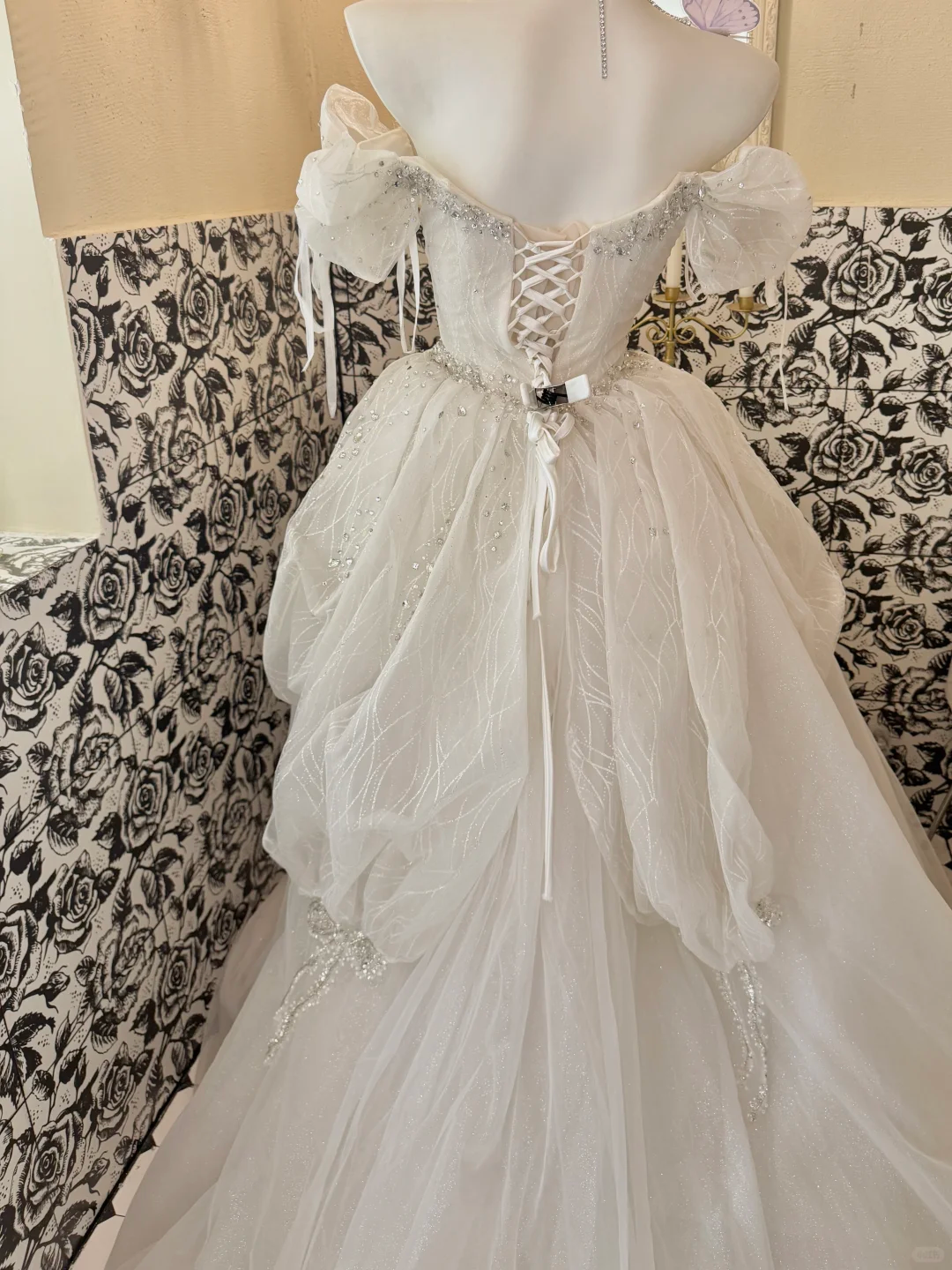 Ivory Off-the-Shoulder Cinched Waist Rhinestone Voluminous Skirt Long Romantic Dress, Wedding Gown gh7806