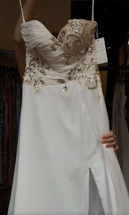 Spaghetti Strap White Chiffon Prom Dress Sweetheart Neck Beaded Sequin Embroidery High Slit Formal Evening Gown gh9809