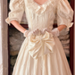 Cream White Vintage Victorian Long Gown, Puff Elbow Sleeve Lace Tiered Ballgown gh9292