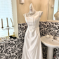 White Satin Spaghetti Strap Waist-Cinched Figure-Flattering Long Classic Elegant Romantic Dress, Wedding Gown gh7733