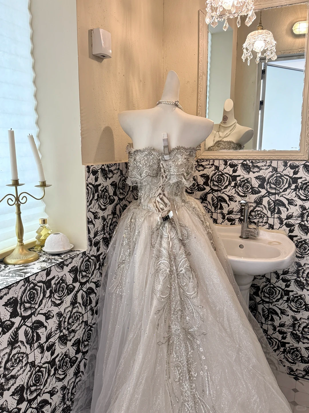 Ivory Strapless Gown with Silver Embellishments, Waist-Cinched Full Flared Vintage Romantic Dress, Wedding Gown gh7552
