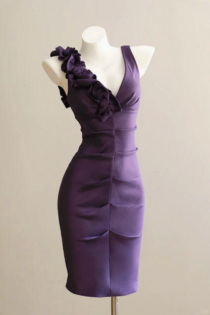 Women Dark Purple Satin Short Formal Dress V Neck Single Strap 3D Flower Ruffle Knee-Length Bodycon Cocktail Gown gh9567