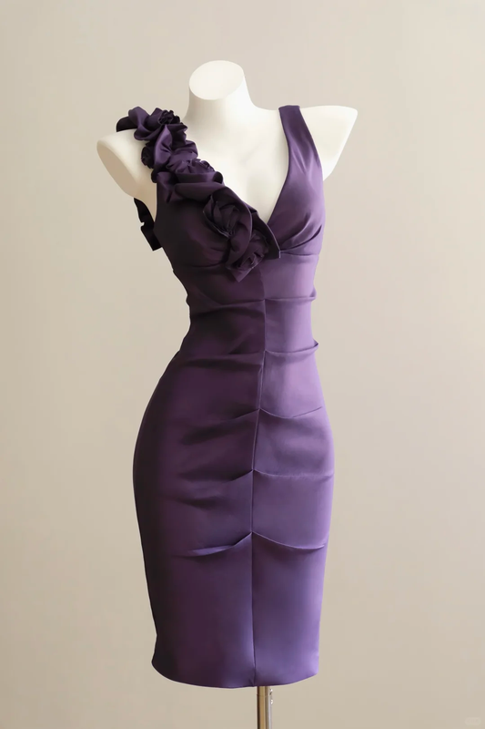 Women Dark Purple Satin Short Formal Dress V Neck Single Strap 3D Flower Ruffle Knee-Length Bodycon Cocktail Gown gh9567