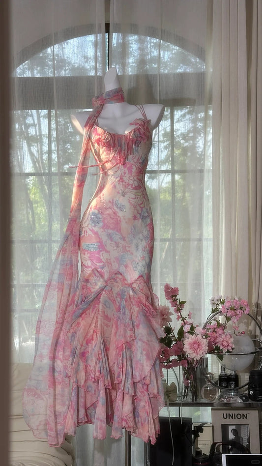 Pink Elegant Fairy Chiffon Ball Gown Evening Dress Party Dress gh4321