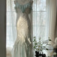 White Mint Green Romantic Fashion Elegant Delicate Beaded Lace Spaghetti Straps Long Tulle Chiffon Ruffle Ball Gown Evening Gown Party Dress gh4056