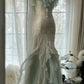 White Mint Green Romantic Fashion Elegant Delicate Beaded Lace Spaghetti Straps Long Tulle Chiffon Ruffle Ball Gown Evening Gown Party Dress gh4056