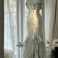White Mint Green Romantic Fashion Elegant Delicate Beaded Lace Spaghetti Straps Long Tulle Chiffon Ruffle Ball Gown Evening Gown Party Dress gh4056