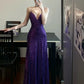 Purple thin shoulder strap sequin long V-neck sexy mature elegant Prom formal graduation dress gh6627