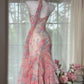 Pink Floral Elegant Romantic Long Chiffon Ball Gown Evening Dress Party Dress gh4403