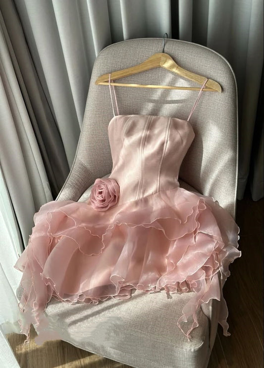 Robe de soirée courte en mousseline de soie rose à imprimé floral fantaisie pour femme, tenue de fête d'anniversaire, gh4727