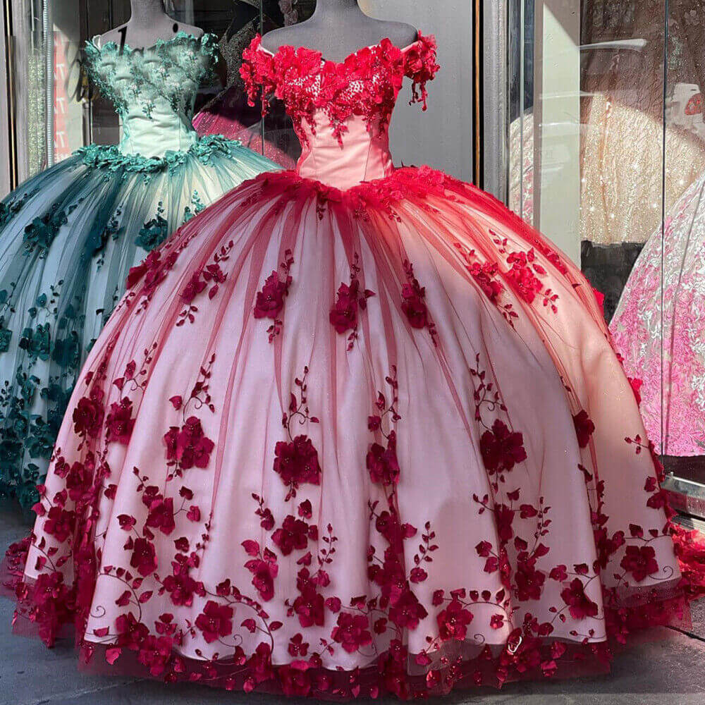 Rotes wunderschönes, exquisites, süßes Blumenapplikations-Langtüll-Ballkleid-Abendkleid-Brautkleid gh3345