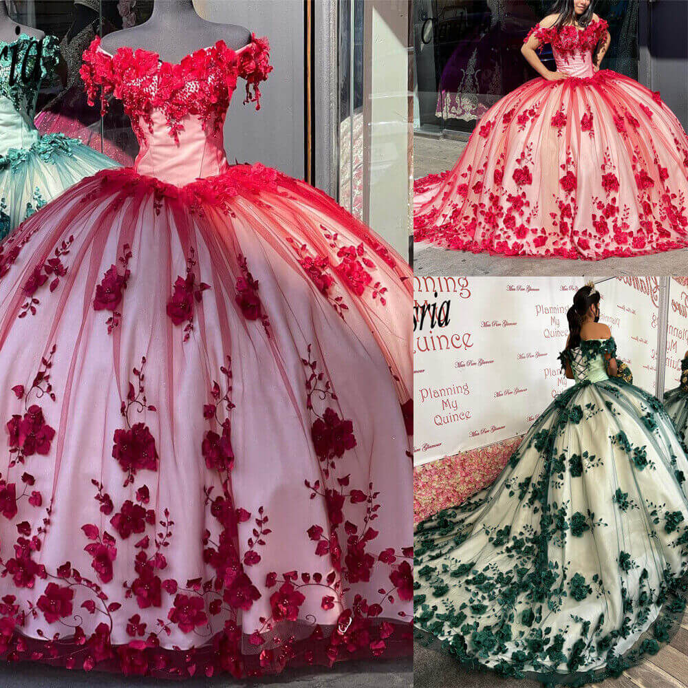 Rotes wunderschönes, exquisites, süßes Blumenapplikations-Langtüll-Ballkleid-Abendkleid-Brautkleid gh3345