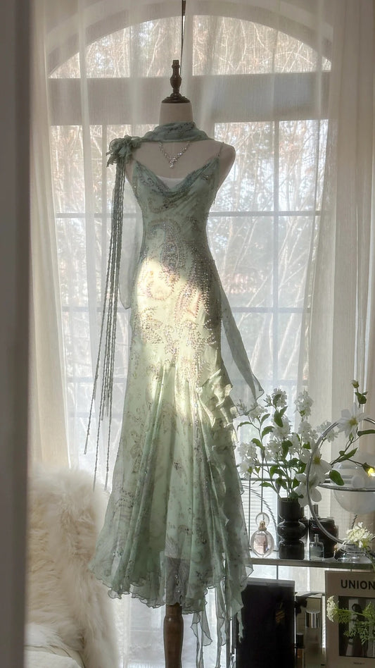 Mintgrünes, wunderschönes, exquisites, perlenbesetztes, langes Chiffon-Feenballkleid, Abendkleid, Hochzeitskleid, Partykleid, Abschlussballkleid, Datumskleid, gh3989