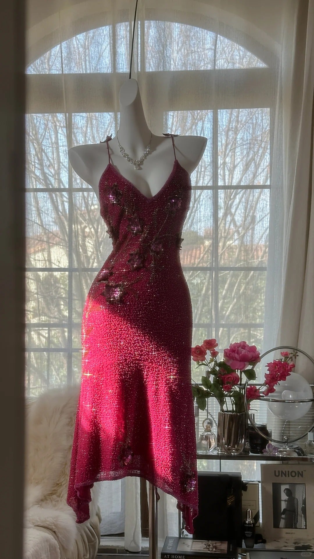 Rosa Wunderschönes Elegantes Romantisches Exquisites Perlenbesetztes Pailletten Midi/Kurzes Chiffon Ballkleid Abendkleid Geburtstags-/Hochzeitsgast-Partykleid Ballkleid gh4019