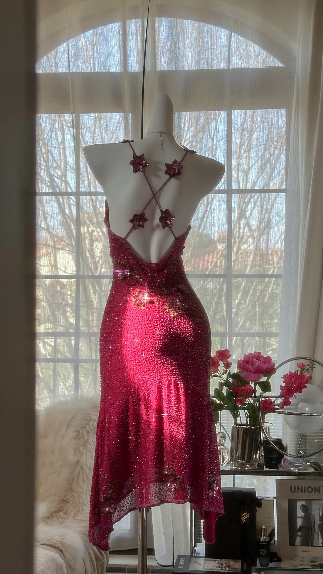 Rosa Wunderschönes Elegantes Romantisches Exquisites Perlenbesetztes Pailletten Midi/Kurzes Chiffon Ballkleid Abendkleid Geburtstags-/Hochzeitsgast-Partykleid Ballkleid gh4019