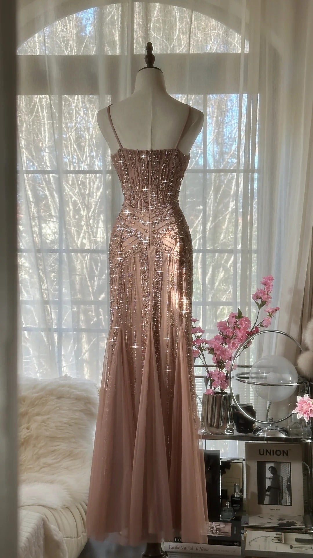 Rosa Luxus wunderschöne elegante romantische exquisite Perlen lange Chiffon Ballkleid Abendkleid Partykleid Ballkleid Valentinstag Datum Kleid gh4047