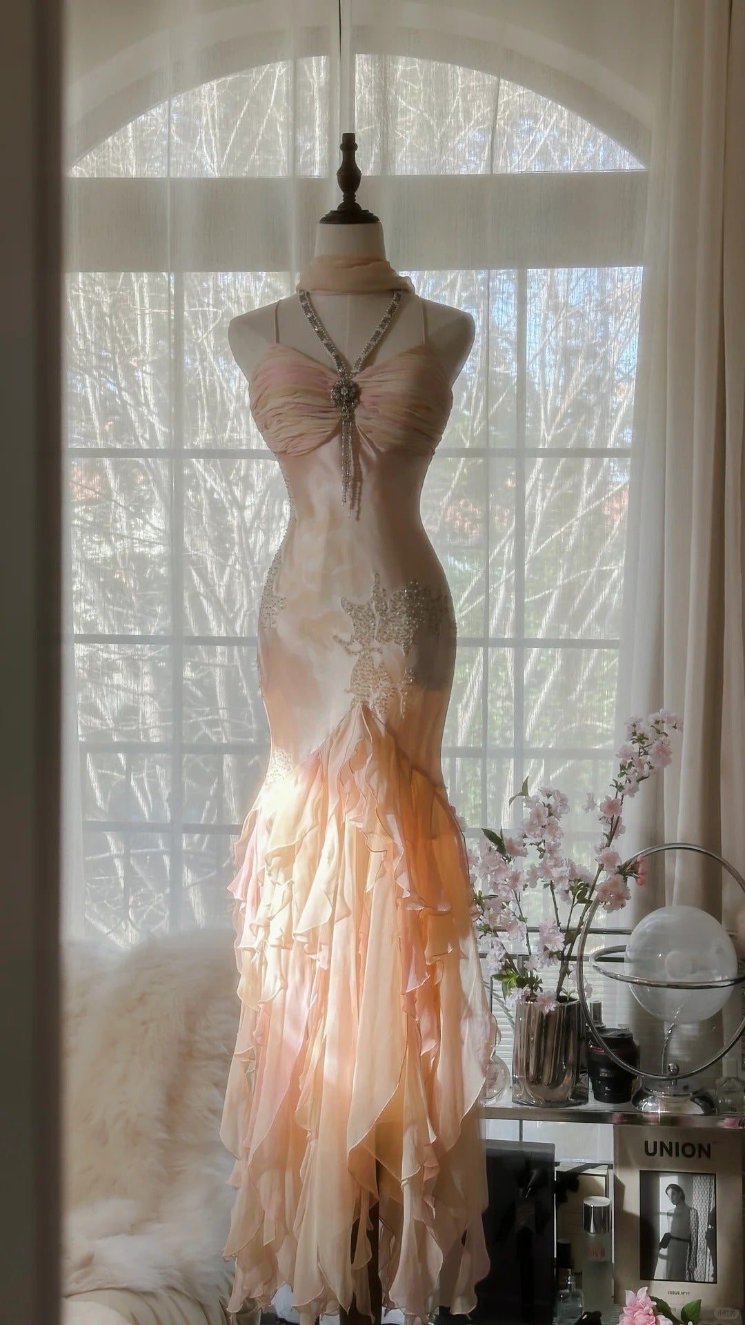Light Pink Gorgeous Exquisite Beading Spaghetti Strap Long Chiffon Satin Ball Gown Evening Dress Birthday/Holiday Party Dress Prom Dress gh4064