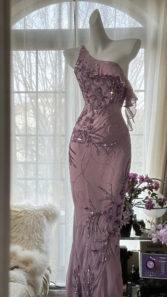 Rosa Lila Romantische One-Shoulder-Mode Elegante Exquisite Blumen Perlen Lange Chiffon Ballkleid Abendkleid Geburtstag Urlaub Partykleid Ballkleid gh4012