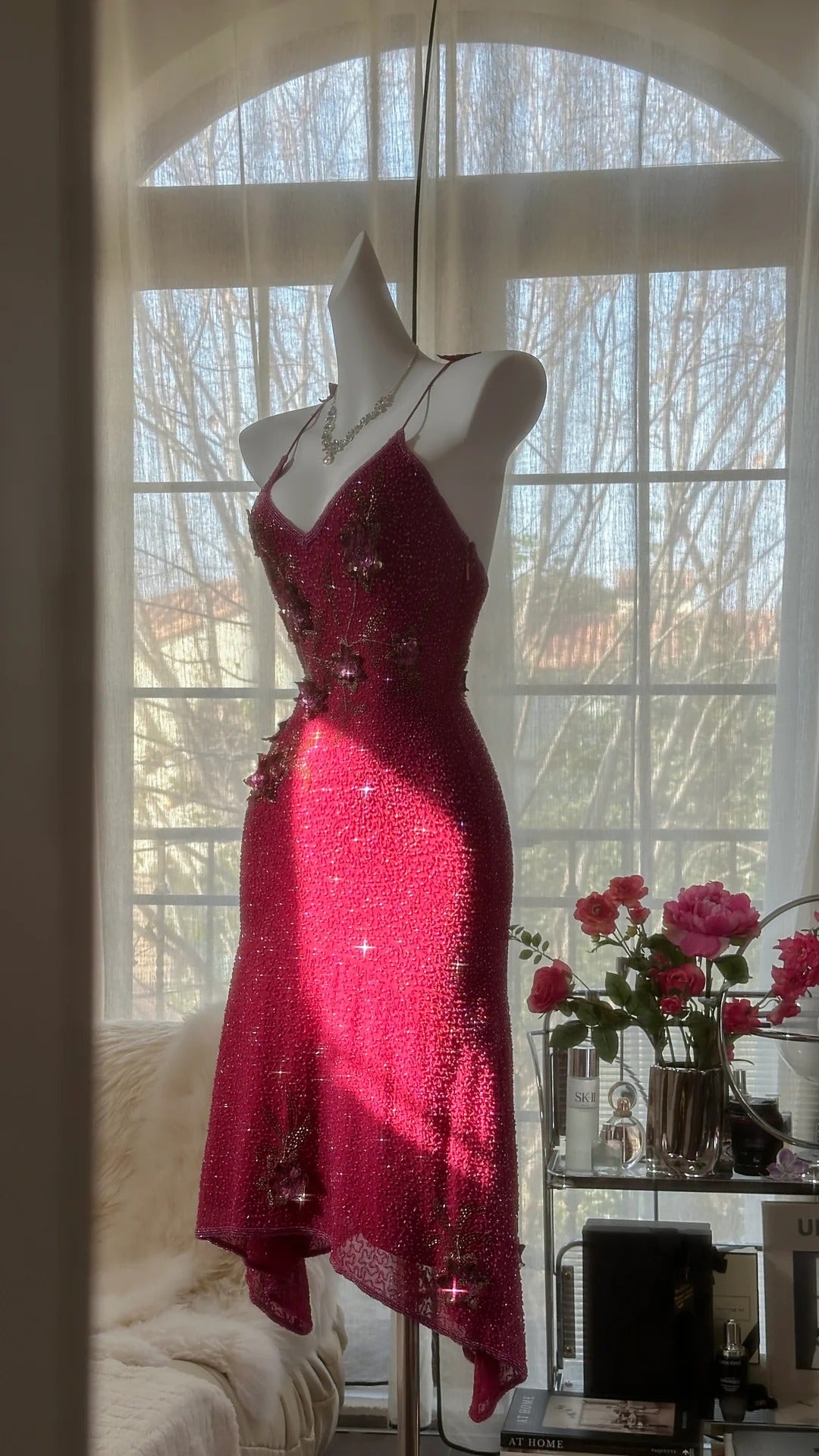 Rosa Wunderschönes Elegantes Romantisches Exquisites Perlenbesetztes Pailletten Midi/Kurzes Chiffon Ballkleid Abendkleid Geburtstags-/Hochzeitsgast-Partykleid Ballkleid gh4019