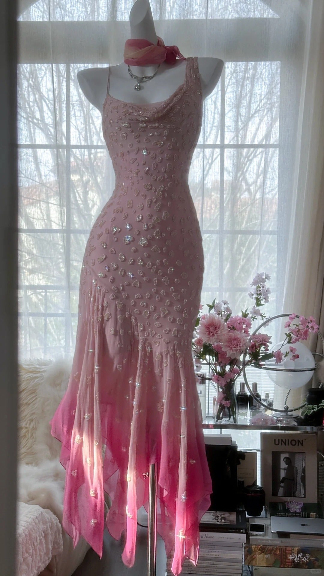 Rosa Farbverlauf Luxus Wunderschöne Retro Mode Exquisite Perlen Lange Chiffon Ballkleid Geburtstag Party Kleid Abendkleid Ballkleid gh3974