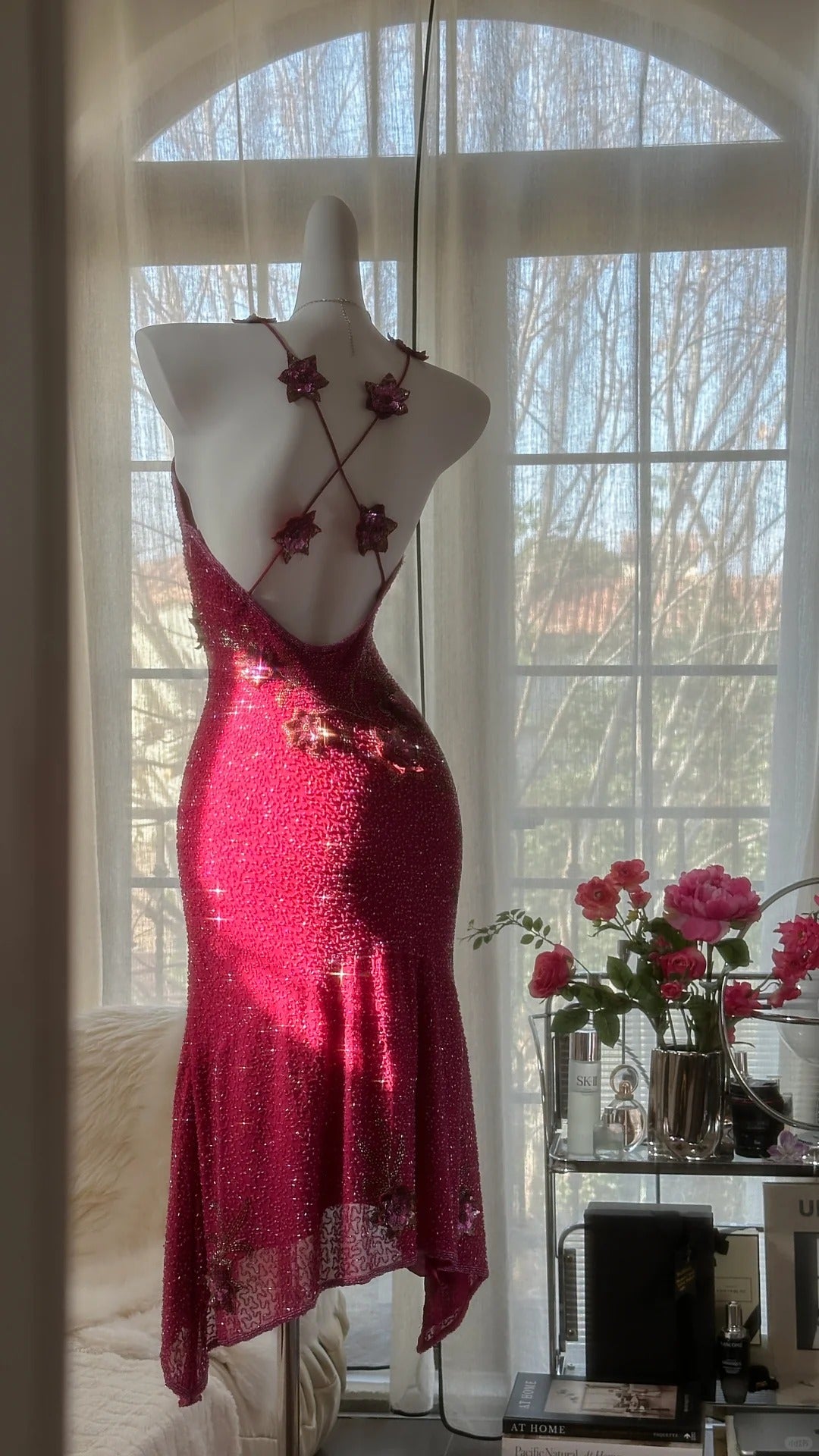 Rosa Wunderschönes Elegantes Romantisches Exquisites Perlenbesetztes Pailletten Midi/Kurzes Chiffon Ballkleid Abendkleid Geburtstags-/Hochzeitsgast-Partykleid Ballkleid gh4019