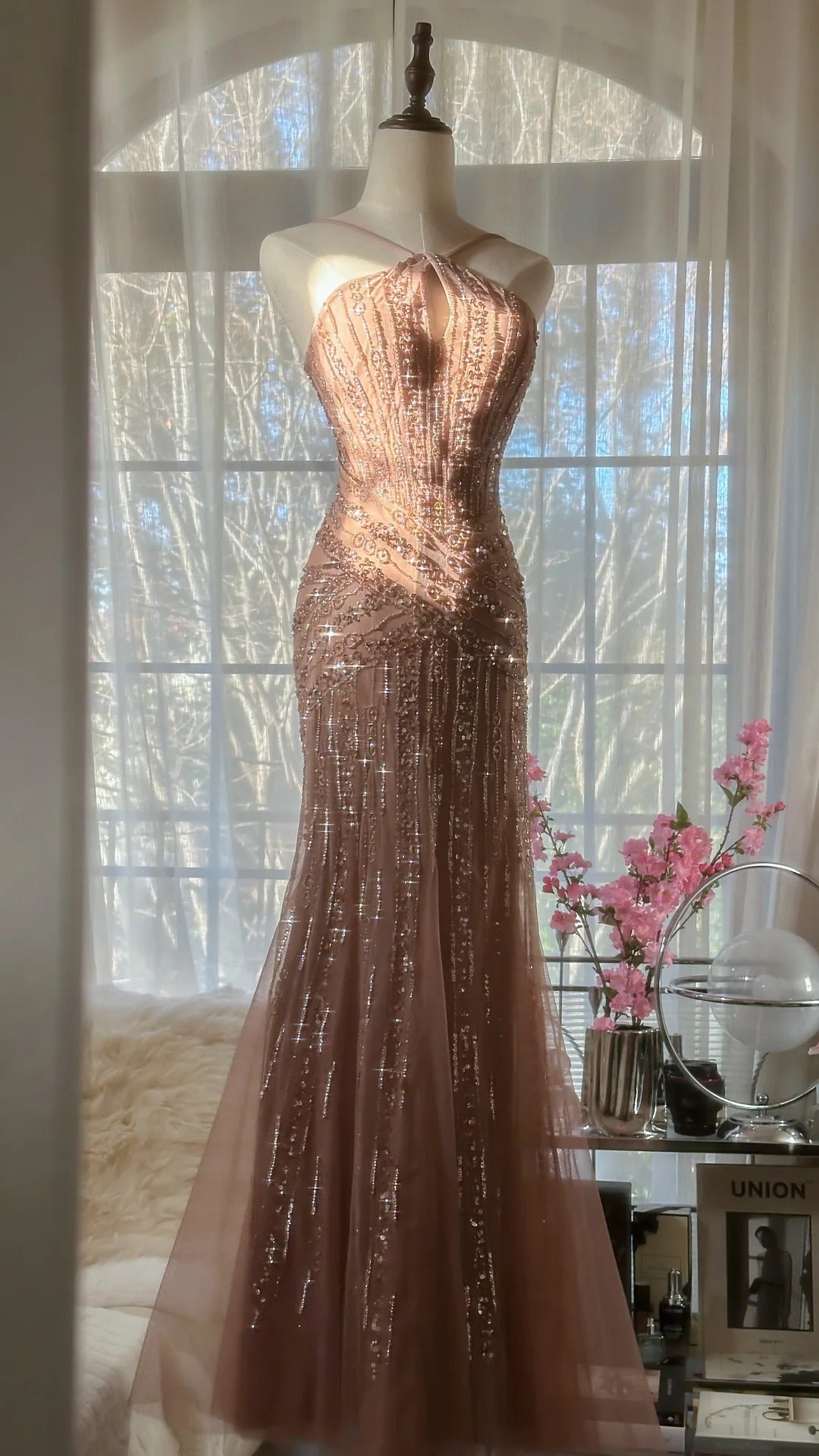 Rosa Luxus wunderschöne elegante romantische exquisite Perlen lange Chiffon Ballkleid Abendkleid Partykleid Ballkleid Valentinstag Datum Kleid gh4047