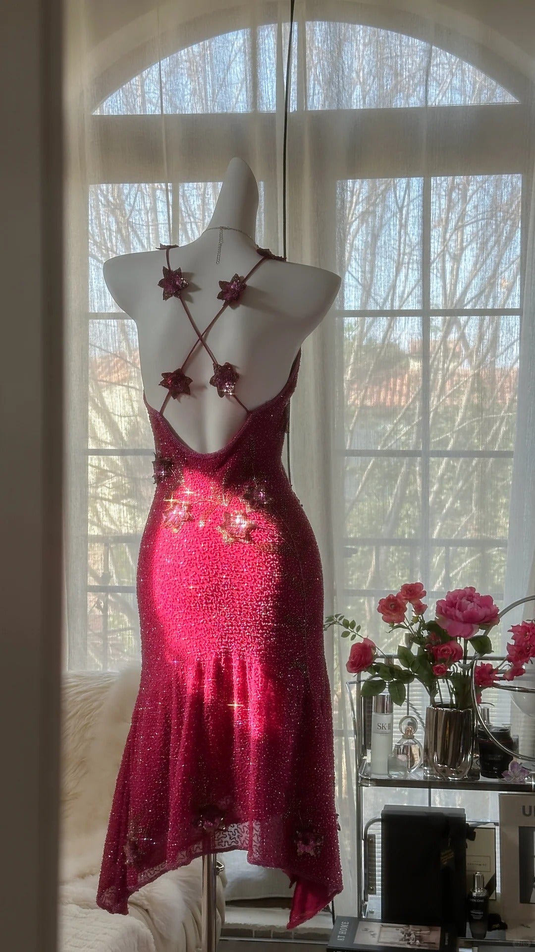 Rosa Wunderschönes Elegantes Romantisches Exquisites Perlenbesetztes Pailletten Midi/Kurzes Chiffon Ballkleid Abendkleid Geburtstags-/Hochzeitsgast-Partykleid Ballkleid gh4019