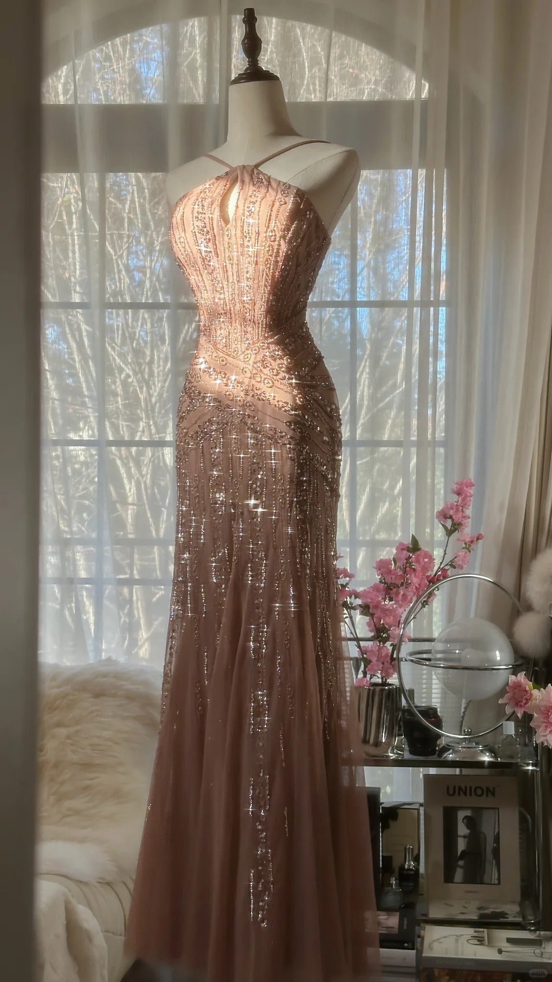 Rosa Luxus wunderschöne elegante romantische exquisite Perlen lange Chiffon Ballkleid Abendkleid Partykleid Ballkleid Valentinstag Datum Kleid gh4047