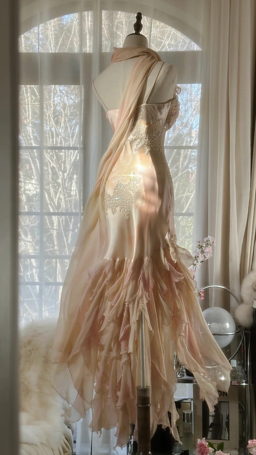 Light Pink Gorgeous Exquisite Beading Spaghetti Strap Long Chiffon Satin Ball Gown Evening Dress Birthday/Holiday Party Dress Prom Dress gh4064