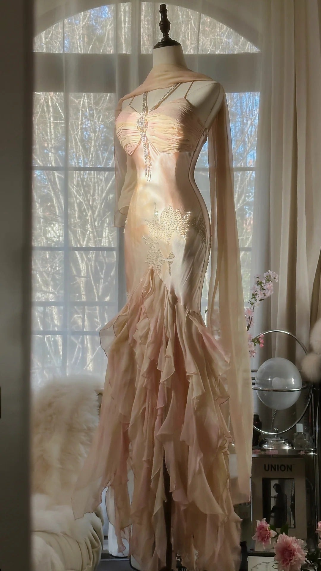 Light Pink Gorgeous Exquisite Beading Spaghetti Strap Long Chiffon Satin Ball Gown Evening Dress Birthday/Holiday Party Dress Prom Dress gh4064