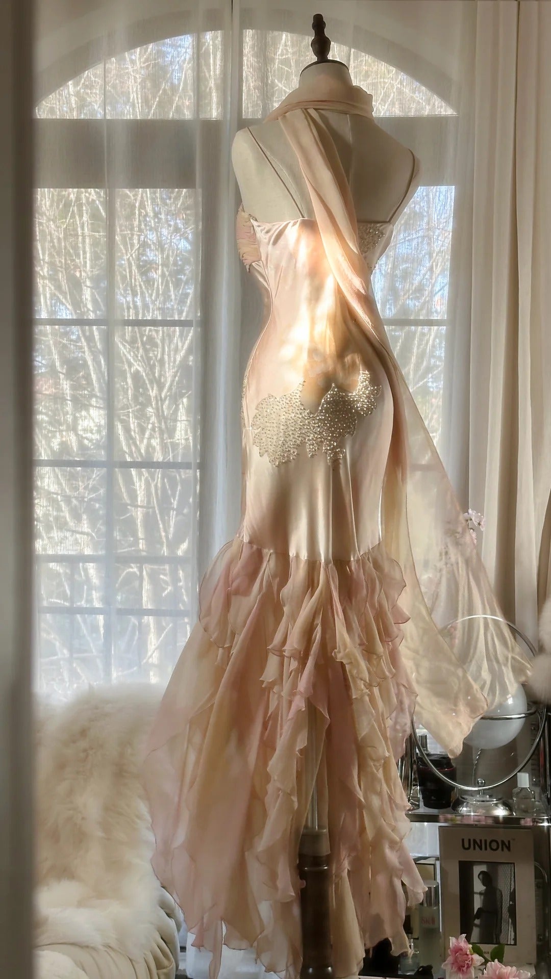 Light Pink Gorgeous Exquisite Beading Spaghetti Strap Long Chiffon Satin Ball Gown Evening Dress Birthday/Holiday Party Dress Prom Dress gh4064