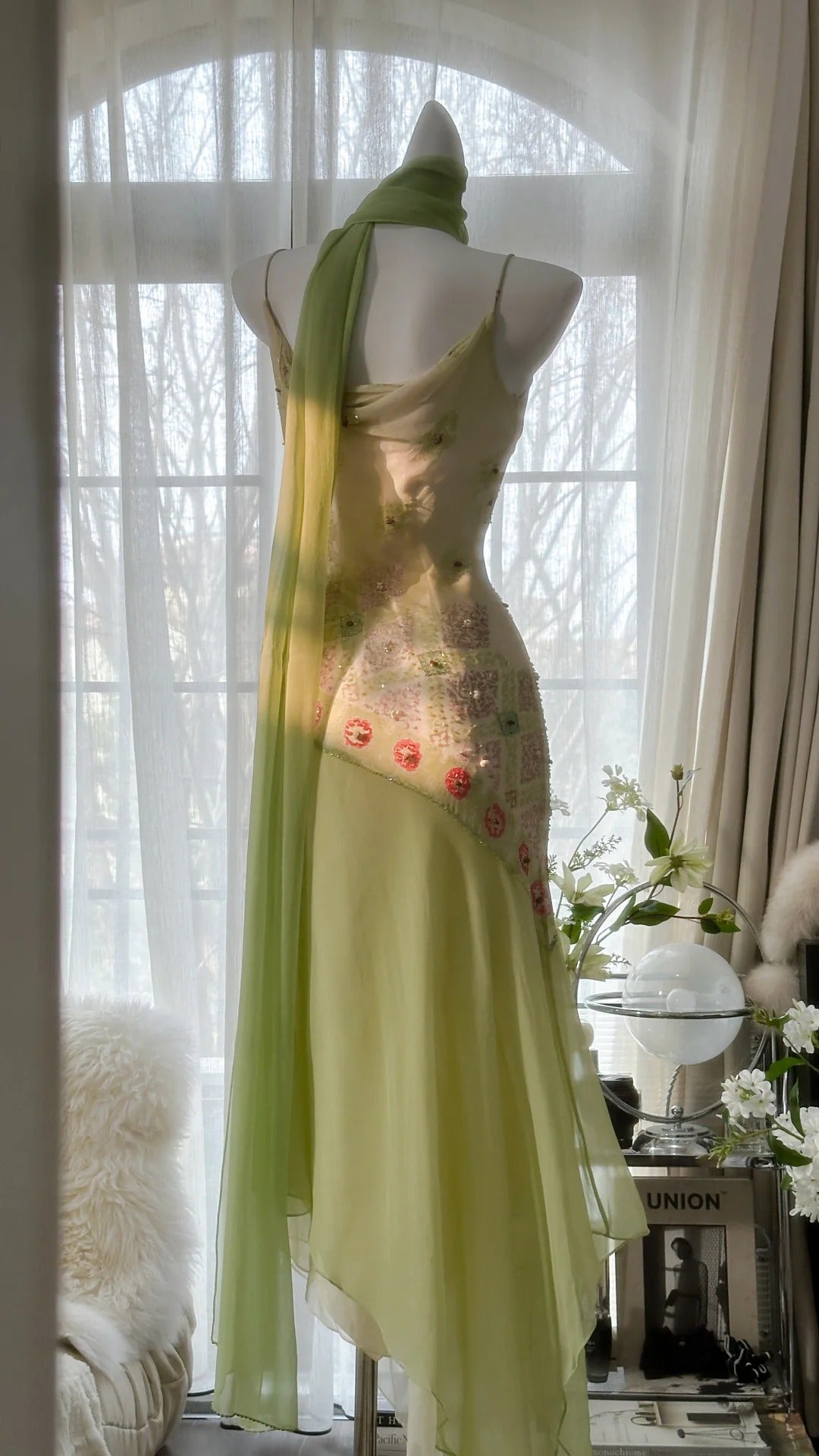 Green Elegant Romantic Delicate Floral Beading Spaghetti Strap Long Chiffon Homecoming Ball Gown Evening Dress Birthday/Wedding Guest/Holiday Party Dress Prom Dress gh4024