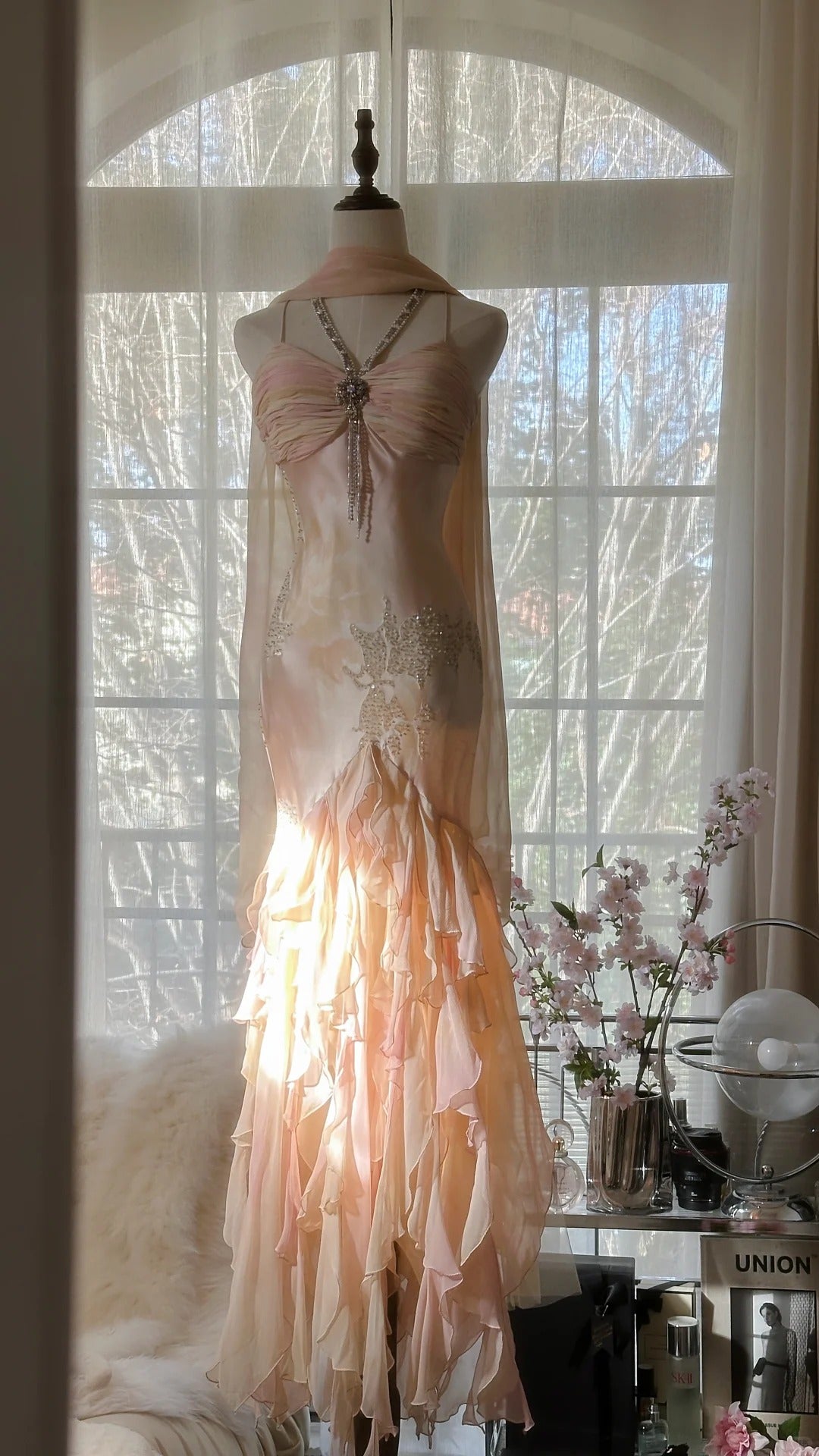 Light Pink Gorgeous Exquisite Beading Spaghetti Strap Long Chiffon Satin Ball Gown Evening Dress Birthday/Holiday Party Dress Prom Dress gh4064