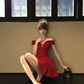 Women Vibrant Red Off Shoulder Homecoming Dress Bow V Neck Boned Waist A-Line Puffy Short Party Dress gh9431