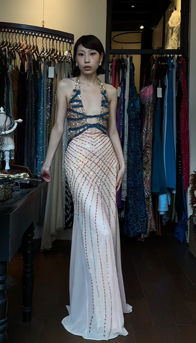 Halter Deep V Cutout Evening Gown Blue Gold Hand Beaded Rhinestone Mermaid Long Formal Prom Dress gh9750