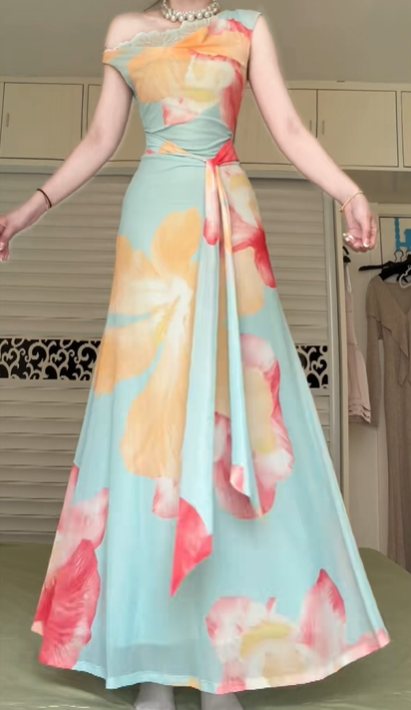 Mint‑Green Large Floral Print One‑Shoulder Long Evening Gown, Lace Trim Waist Sash Flowy A‑Line Formal Prom Dress gh9000