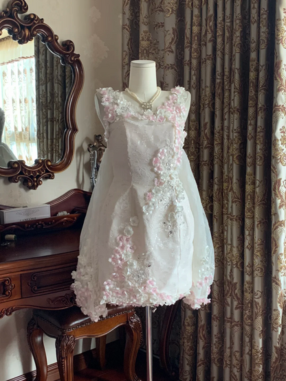 White Spaghetti Strap Puffy Bud Skirt Prom Dress, Birthday Gown gh7252