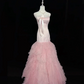 Blush Pink Satin Strapless Cinched Waist Fitted Hip Multi-Layer Skirt Long Romantic Dress, Wedding Gown gh7971