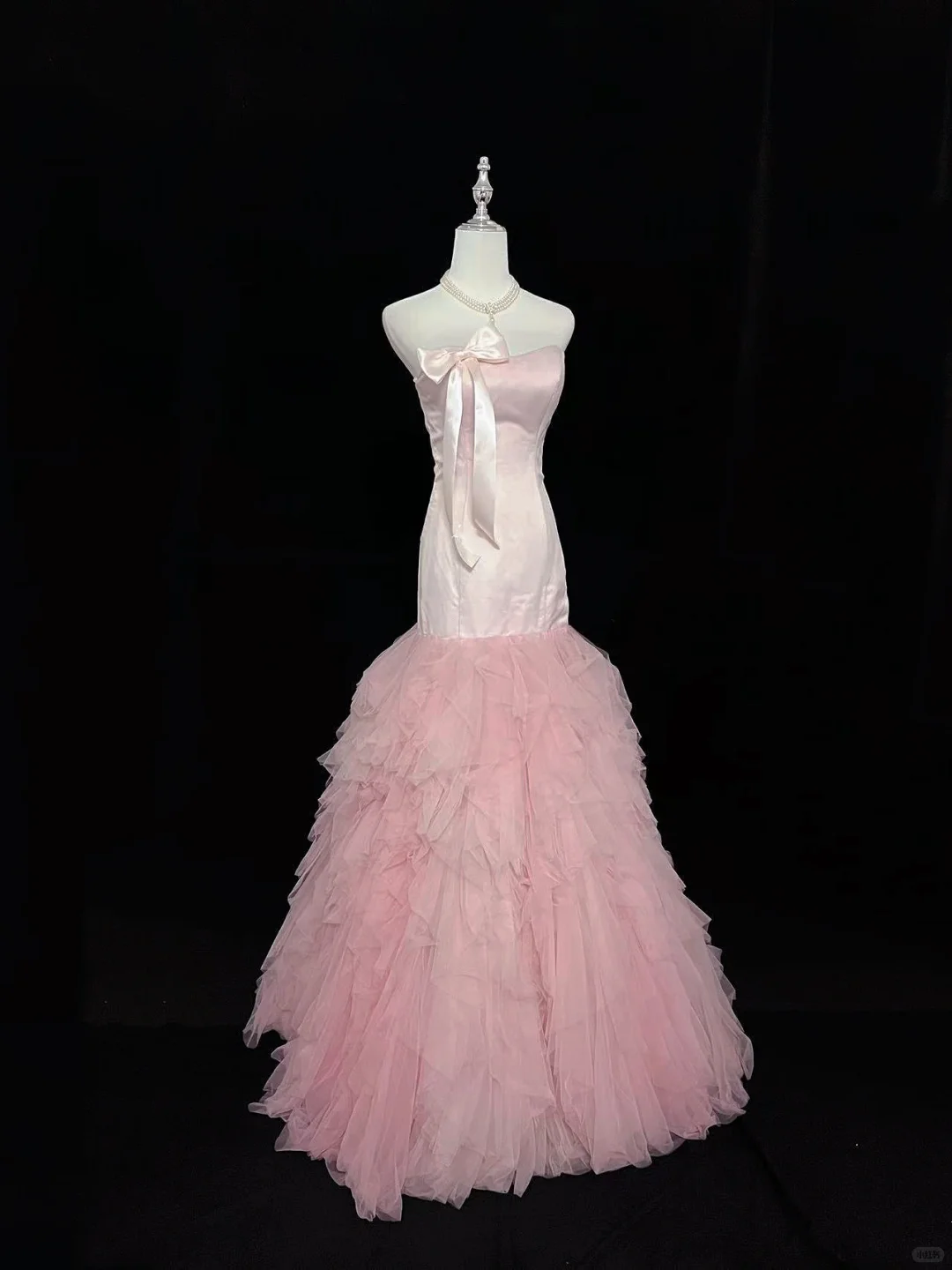 Blush Pink Satin Strapless Cinched Waist Fitted Hip Multi-Layer Skirt Long Romantic Dress, Wedding Gown gh7971