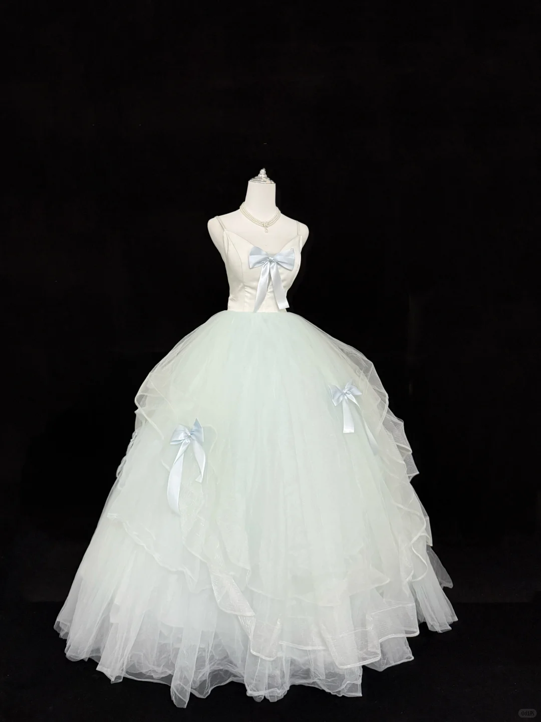 Light Blue Spaghetti Strap Cinched Waist Voluminous Skirt Long Romantic Dress, Wedding Gown gh7883